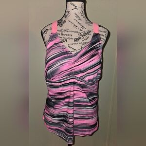 Women's XL Tankini Halter Swim Top Pink Black White Striped